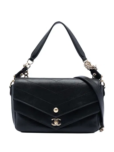 Pre-owned Chanel 2018-2019 Mini Quilted Sheepskin Double Chevron Flap Satchel In Black