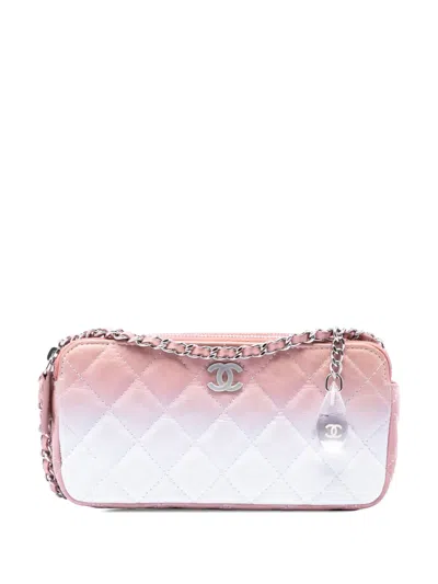 Pre-owned Chanel 2018-2019 Ombre Calfskin Double Zip Clutch On Chain Crossbody Bag In Pink