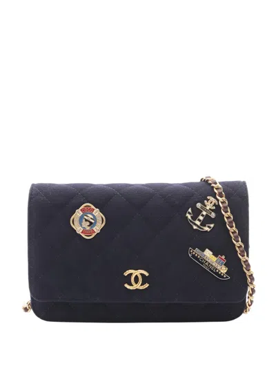 Pre-owned Chanel 2018-2019 Paris Hamburg Cc Quilted Wool Charms Wallet On Chain Crossbody Bag In Blue