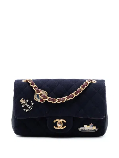 Pre-owned Chanel 2018-2019 Paris Hamburg Mini Rectangular Classic Jersey Coco Sailor Charms Single Flap Crossbody Bag In Blue