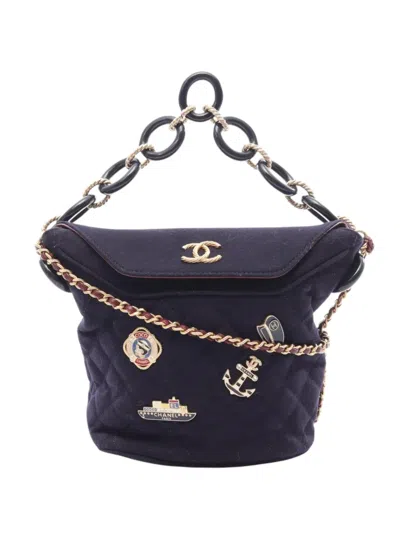 Pre-owned Chanel 2018-2019 Paris-hamburg Charms Wool Bucket Bag In Blue