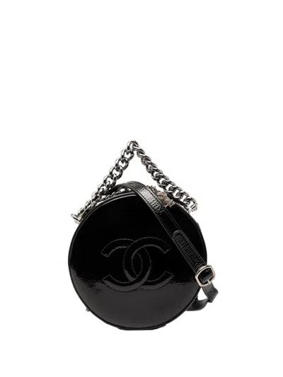 Pre-owned Chanel 2018-2019 Patent Round As Earth Bag Satchel In Black