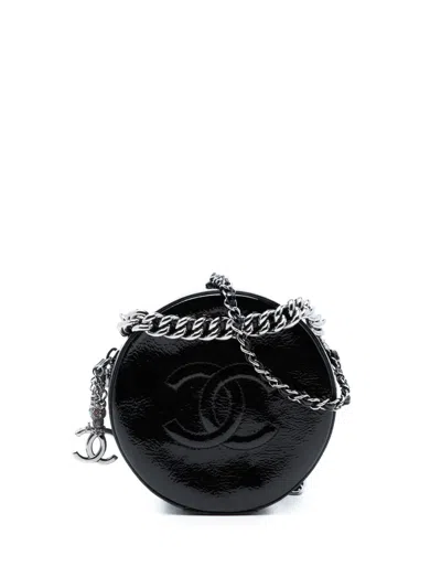 Pre-owned Chanel 2018-2019 Patent Round As Earth Bag Satchel In Black
