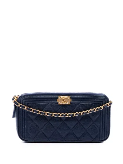 Pre-owned Chanel 2018-2019 Quilted Caviar Boy Double Zip Wallet On Chain Crossbody Bag In Blue