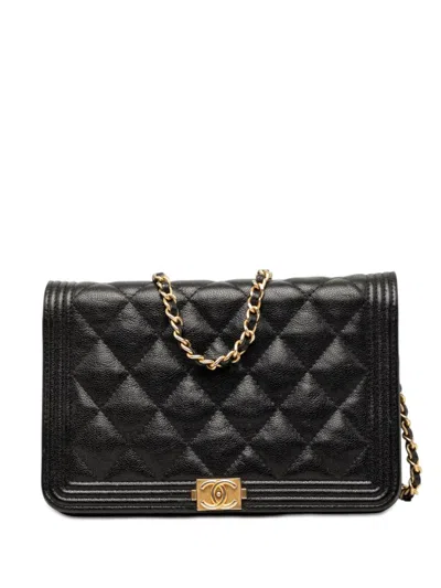 Pre-owned Chanel 2018-2019 Quilted Caviar Boy Wallet On Chain Crossbody Bag In Black