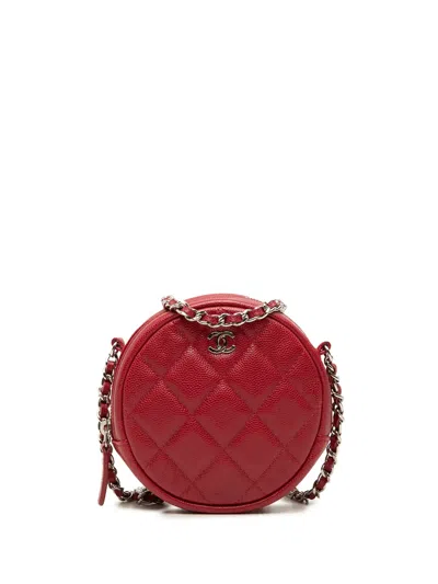 Pre-owned Chanel 2018-2019 Quilted Caviar Round Clutch With Chain Crossbody Bag In Red