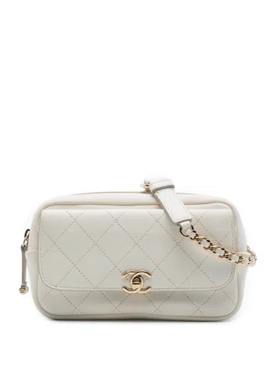 Pre-owned Chanel 2018-2019 Quilted Goatskin Casual Trip Waist Bag Belt Bag In White