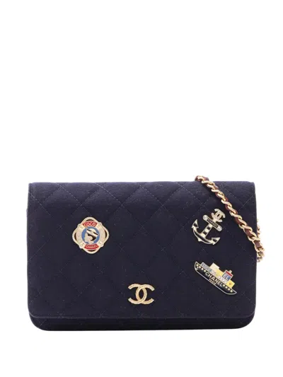 Pre-owned Chanel 2018-2019 Quilted Jersey Paris Hamburg Charms Wallet On Chain Crossbody Bag In Blue