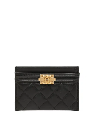 Pre-owned Chanel 2018-2019 Quilted Lambskin Boy Card Holder In Black