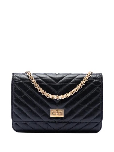Pre-owned Chanel 2018-2019 Reissue 2.55 Chevron Aged Calfskin Wallet On Chain Shoulder Bag In Black