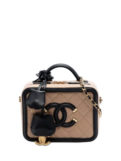Pre-owned Chanel 2018-2019 Small Bicolor Caviar Cc Filigree Vanity Case Satchel In Brown