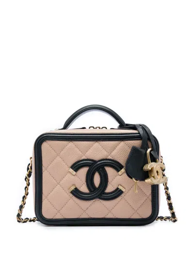 Pre-owned Chanel 2018-2019 Small Bicolor Caviar Cc Filigree Vanity Case Satchel In Brown