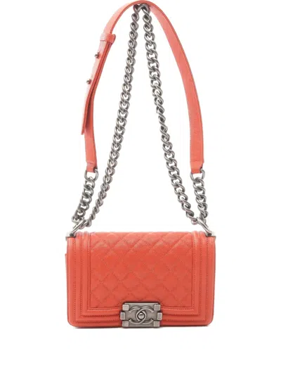 Pre-owned Chanel 2018~2019 Small Boy Chain Shoulder Bag In Orange