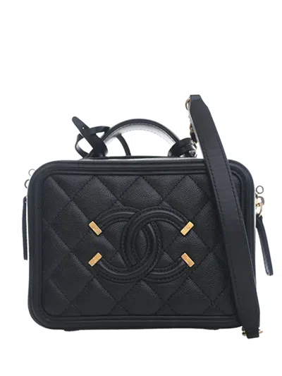 Pre-owned Chanel 2018-2019 Small Caviar Cc Filigree Vanity Case Satchel In Black