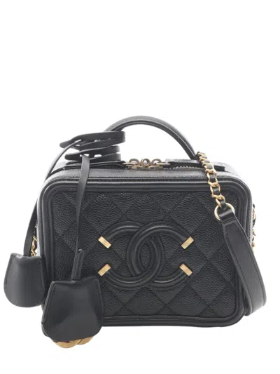 Pre-owned Chanel 2018-2019 Small Caviar Cc Filigree Vanity Case Satchel In Black