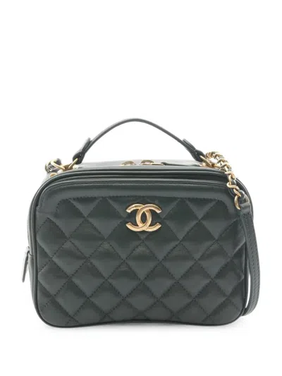 Pre-owned Chanel 2018-2019 Small Cc Quilted Calfskin Top Handle Vanity Case With Chain Satchel In Green