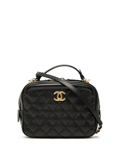 Pre-owned Chanel 2018-2019 Small Cc Quilted Lambskin Top Handle Vanity Case With Chain Satchel In Black