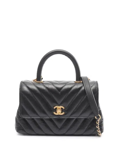 Pre-owned Chanel 2018-2019 Small Chevron Aged Calfskin Coco Top Handle Bag Satchel In Black