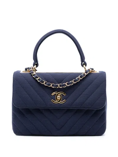 Pre-owned Chanel 2018-2019 Small Chevron Jersey Trendy Cc Top Handle Flap Satchel In Blue