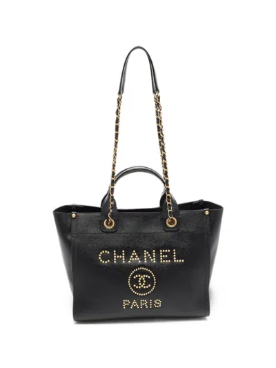 Pre-owned Chanel 2018-2019 Small Deauville Studded-logo Tote Bag In Black