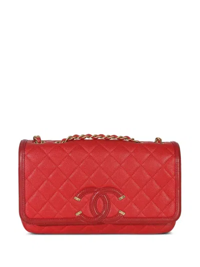 Pre-owned Chanel 2018-2019 Small Filigree Flap Quilted Caviar Shoulder Bag In Red