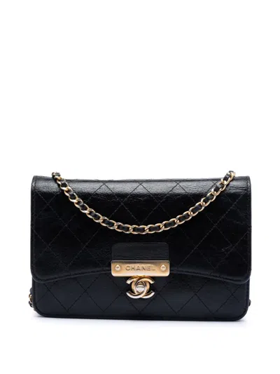Pre-owned Chanel 2018-2019 Stitched Goatskin Golden Cc Wallet On Chain Crossbody Bag In Black