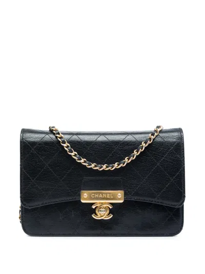 Pre-owned Chanel 2018-2019 Stitched Goatskin Golden Cc Wallet On Chain Crossbody Bag In Black