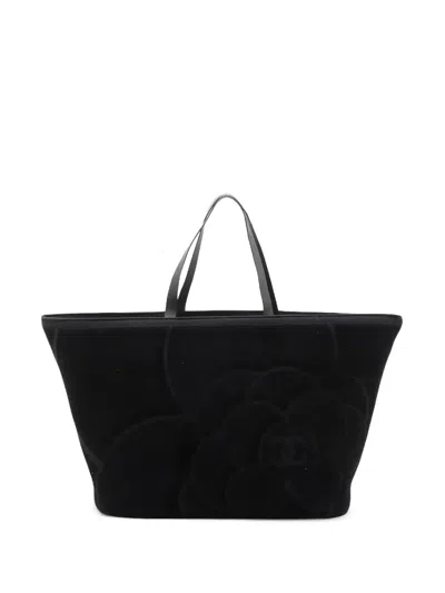 Pre-owned Chanel 2018-2025 Terry Cloth Camellia Beach Tote Bag In Black