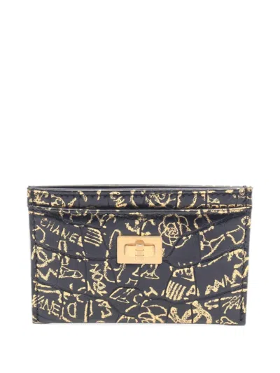 Pre-owned Chanel 2019 2.55 Graffiti-pattern Card Case In Black