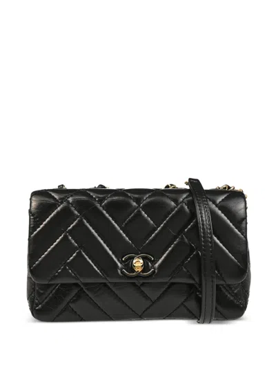 Pre-owned Chanel 2019 Bias Stitch Straight Flap Shoulder Bag In Black