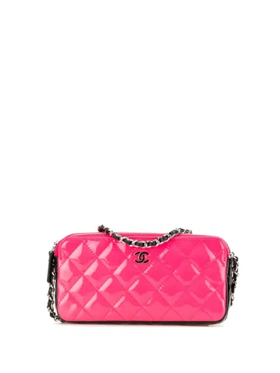 Pre-owned Chanel 2019 Bicolor Patent Double Zip Wallet On Chain Crossbody Bag In Pink