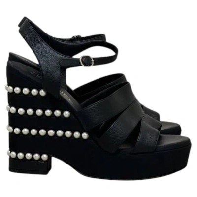 Pre-owned Chanel 2019 Black Cc Logo Faux Pearl Platform Sandals Sz.38.5