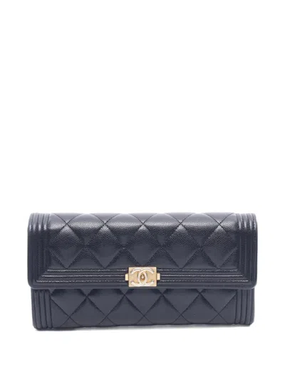 Pre-owned Chanel 2019 Boy Quilted Wallet In Black