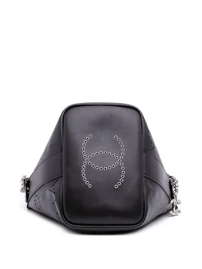 Pre-owned Chanel 2019 Calfskin And Tweed Small Piercing Light Bucket Bag In Blue