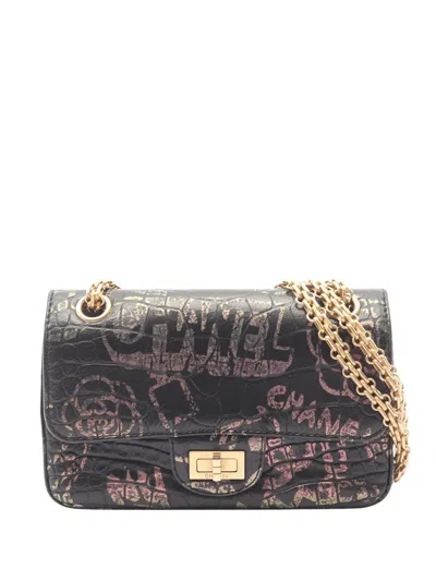 Pre-owned Chanel 2019 Calfskin Crocodile Embossed Graffiti 2.55 Cocodile Reissue Flap Bag Shoulder Bag In Black