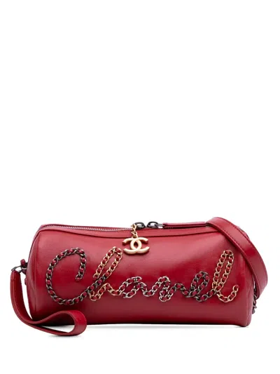 Pre-owned Chanel 2019 Calfskin Signature Chain 20s Bowling Bag Crossbody Bag In Red