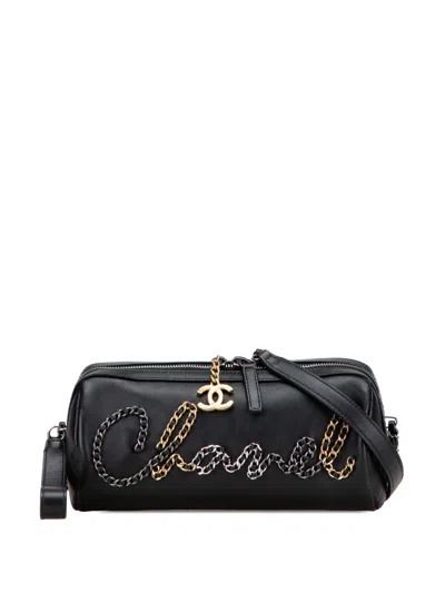 Pre-owned Chanel 2019 Calfskin Signature Chain Signe Bowling Bag Crossbody Bag In Black