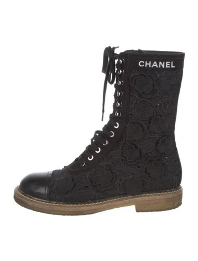 Pre-owned Chanel 2019 Camellia Accent Combat Boots In Black