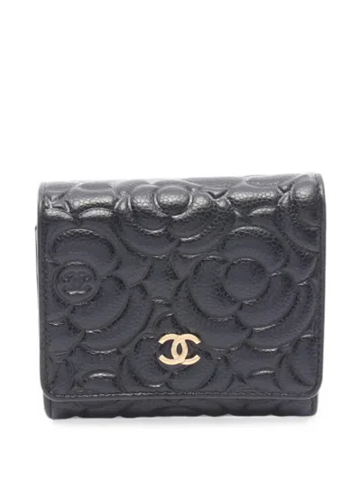 Pre-owned Chanel 2019 Camellia Tri-fold Wallet In Black