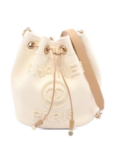 Pre-owned Chanel 2019 Canvas Deauville Pearl Drawstring Bucket Bag