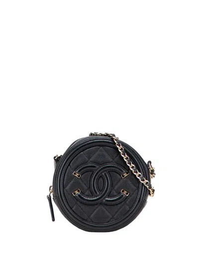 Pre-owned Chanel 2019 Caviar Cc Filigree Round Clutch With Chain Crossbody Bag In Black