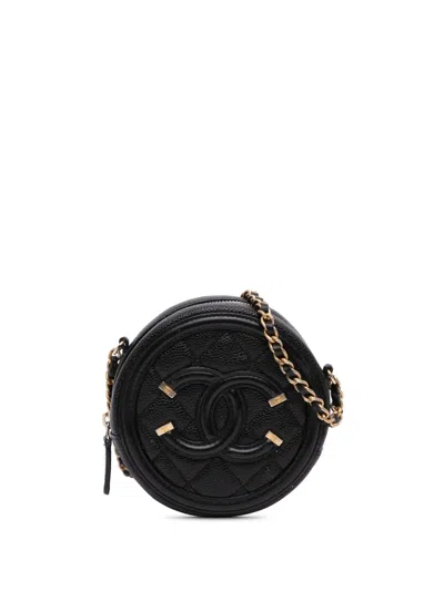 Pre-owned Chanel 2019 Caviar Cc Filigree Round Clutch With Chain Crossbody Bag In Black