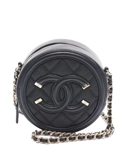 Pre-owned Chanel 2019 Caviar Cc Filigree Round Clutch With Chain Crossbody Bag In Black