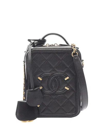 Pre-owned Chanel 2019 Caviar Cc Filigree Vertical Vanity Case Satchel In Black