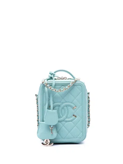 Pre-owned Chanel 2019 Caviar Cc Filigree Vertical Vanity Case Satchel In Blue