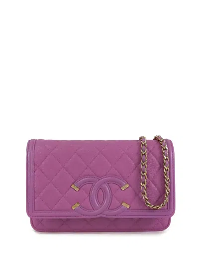 Pre-owned Chanel 2019 Caviar Cc Filigree Wallet On Chain Crossbody Bag In Purple