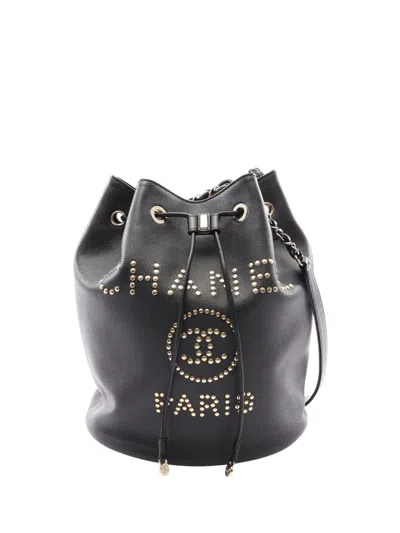 Pre-owned Chanel 2019 Caviar Deauville Drawstring Backpack In Black