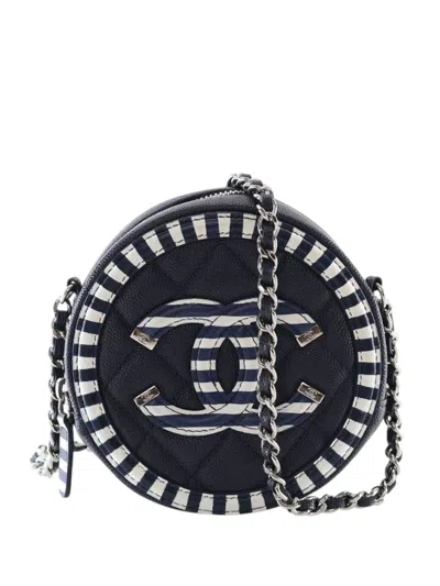 Pre-owned Chanel 2019 Caviar Striped Cc Filigree Round Crossbody Bag In Blue