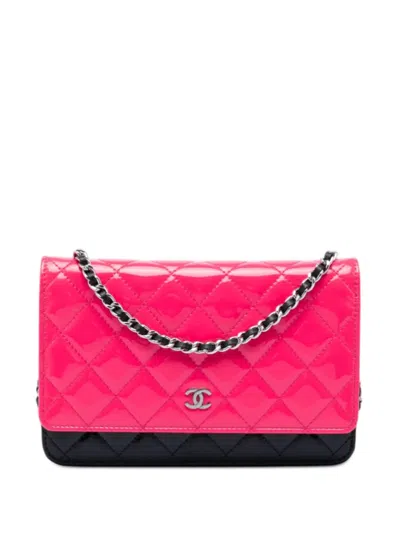 Pre-owned Chanel 2019 Cc Bicolor Quilted Patent Wallet On Chain Crossbody Bag In Pink