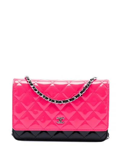 Pre-owned Chanel 2019 Cc Bicolor Quilted Patent Wallet On Chain Crossbody Bag In Pink
